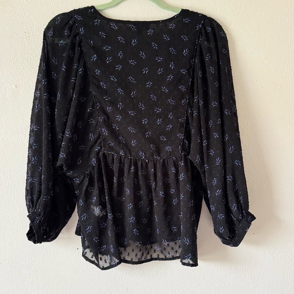 LUCKY BRAND Floral Peplum Sheer Peasant Chiffon Blouse Button Up Black Size M - Picture 7 of 15
